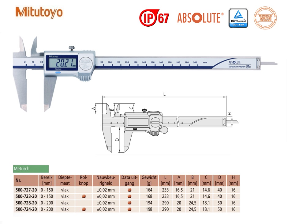 Mitutoyo Absolute Digimatic schuifmaat met hardmetalen meetbekken, 0-200mm, Metrisch