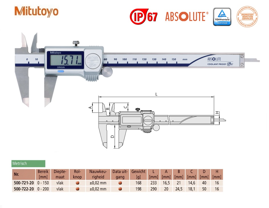 Mitutoyo Absolute Digimatic schuifmaat met hardmetalen buitenmeetbekken, rolknop, 0-150mm, Metrisch