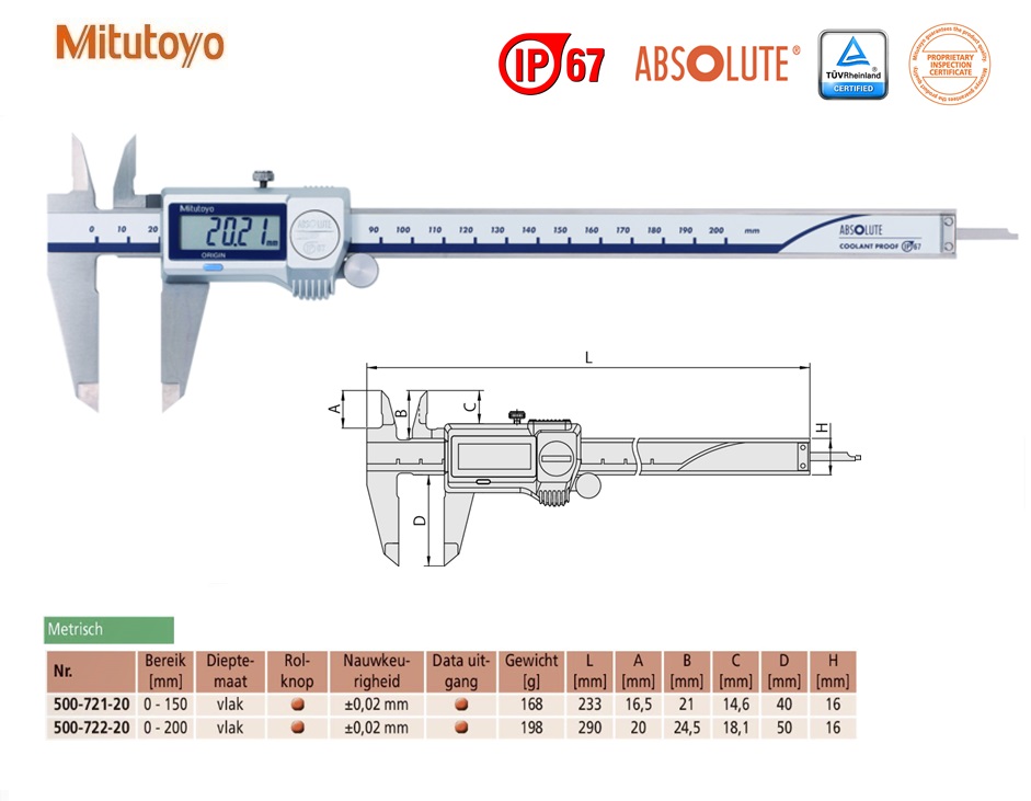 Mitutoyo Absolute Digimatic schuifmaat met hardmetalen buitenmeetbekken, rolknop, 0-200mm, Metrisch