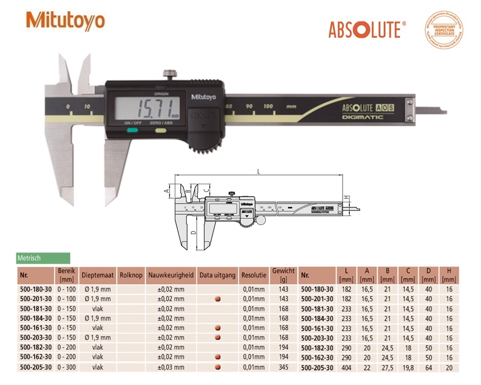 Mitutoyo Absolute AOS Digimatic schuifmaat met hardmetalen meetbekken,Data Output, 0-200mm, Metrisch | DKMTools - DKM Tools