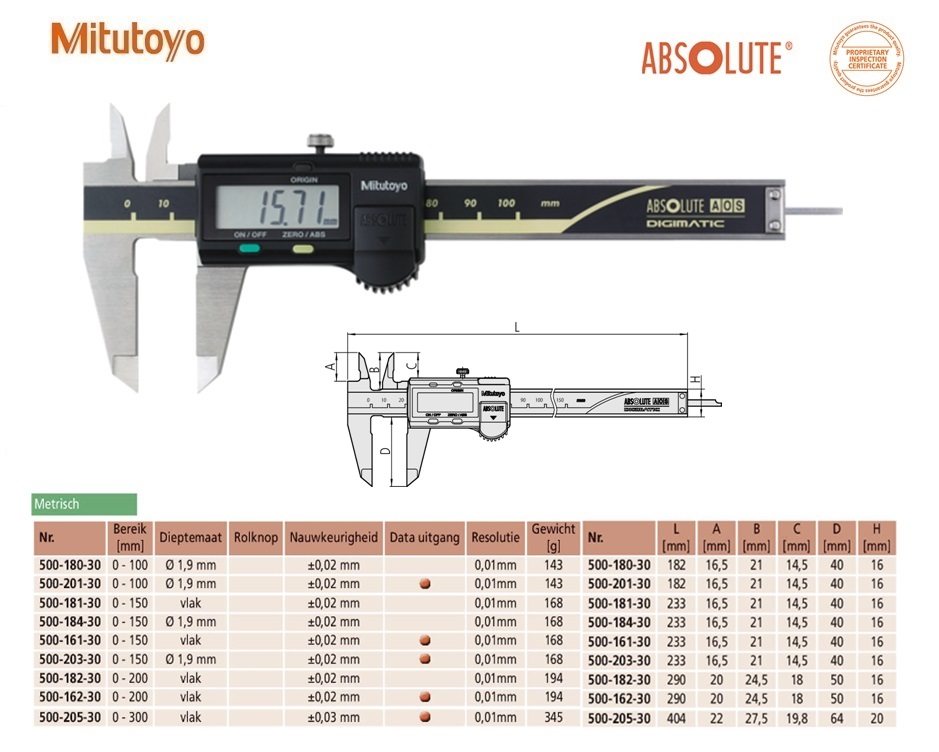 Mitutoyo Absolute AOS Digimatic schuifmaat met hardmetalen meetbekken,Data Output, 0-200mm, Metrisch | DKMTools - DKM Tools