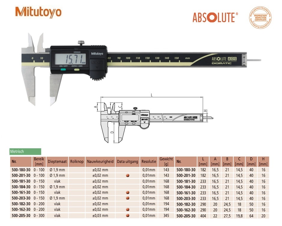 Mitutoyo Absolute AOS Digimatic schuifmaat zonder Data Output, 0-150mm, Metrisch
