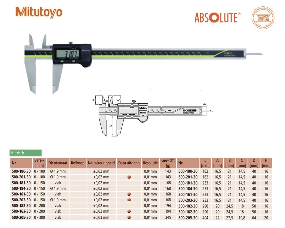 Mitutoyo Absolute AOS Digimatic schuifmaat met Data Output, 0-300mm, Metrisch