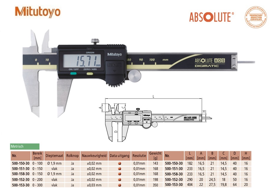 Mitutoyo Absolute AOS Digimatic schuifmaat met rolknop, Data Output, 0-100mm, Metrisch