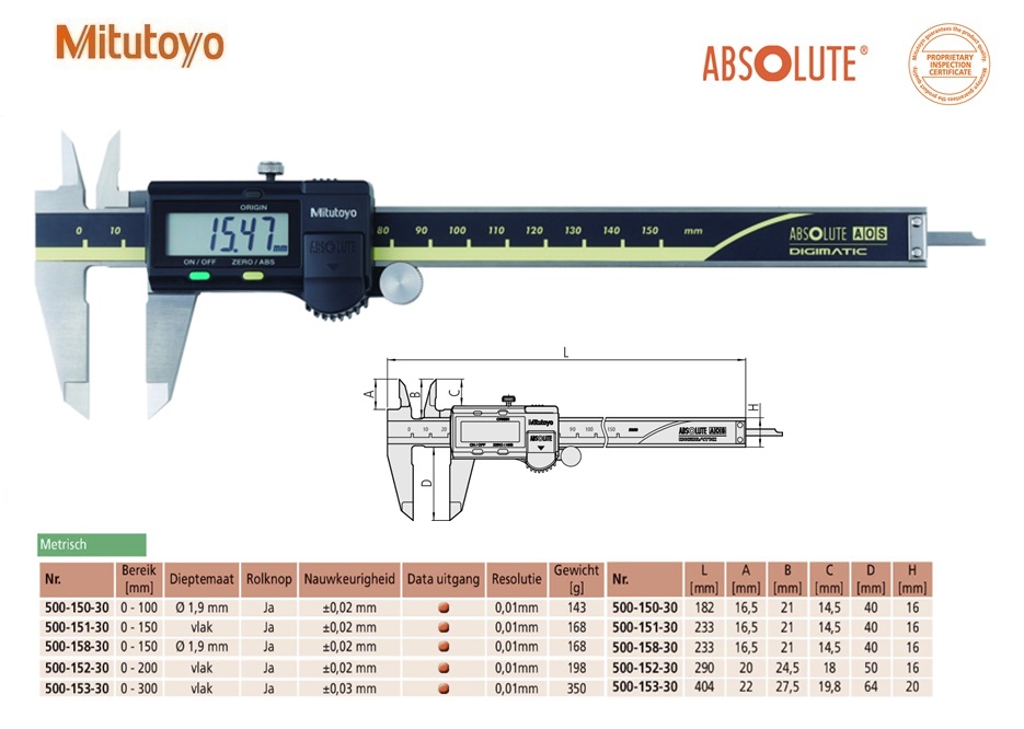 Mitutoyo Absolute AOS Digimatic schuifmaat met rolknop, Data Output, 0-150mm, Metrisch