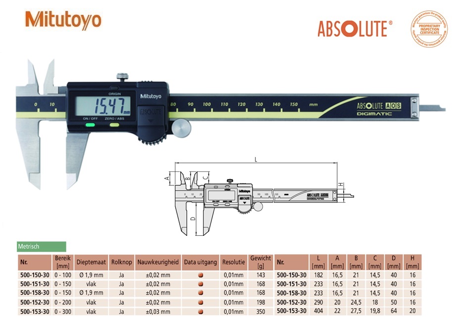 Mitutoyo Absolute AOS Digimatic schuifmaat met rolknop, Data Output, 0-15