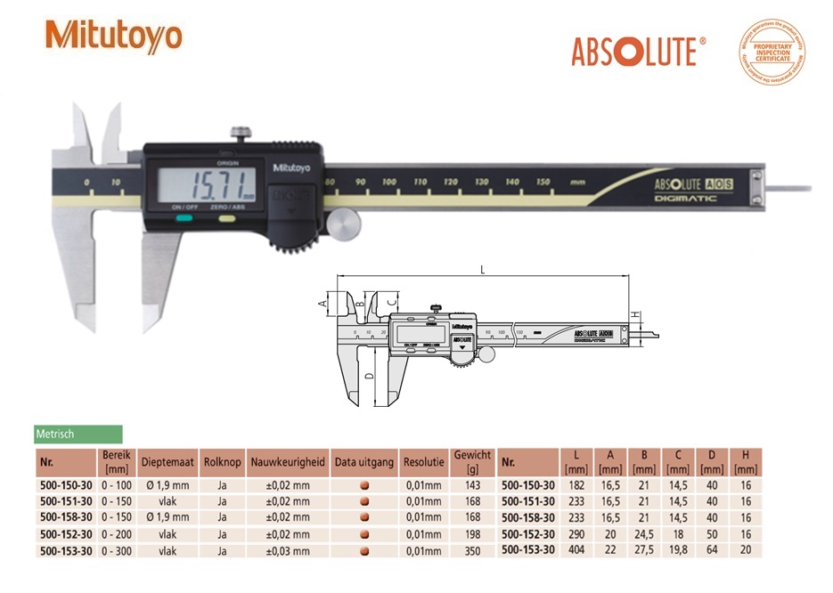 Mitutoyo Absolute AOS Digimatic schuifmaat met rolknop, Data Output, 0-150mm, Metrisch