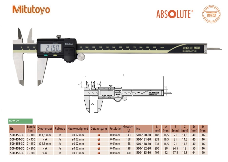 Mitutoyo Absolute AOS Digimatic schuifmaat met rolknop, Data Output, 0-200mm, Metrisch