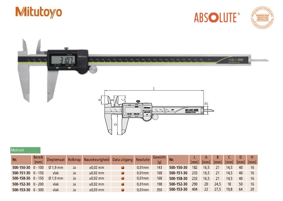 Mitutoyo Absolute AOS Digimatic schuifmaat met rolknop, Data Output, 0-300mm, Metrisch