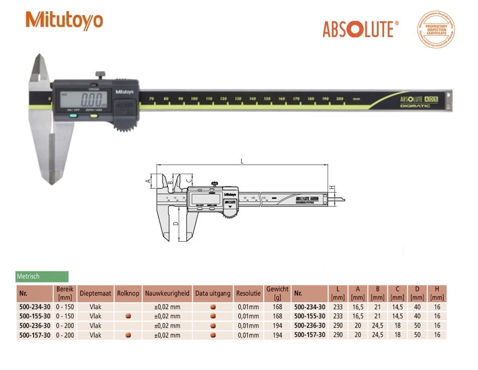 Mitutoyo Absolute AOS Digimatic schuifmaat met hardmetalen meetbekken,Data Output, 0-150mm, Metrisch