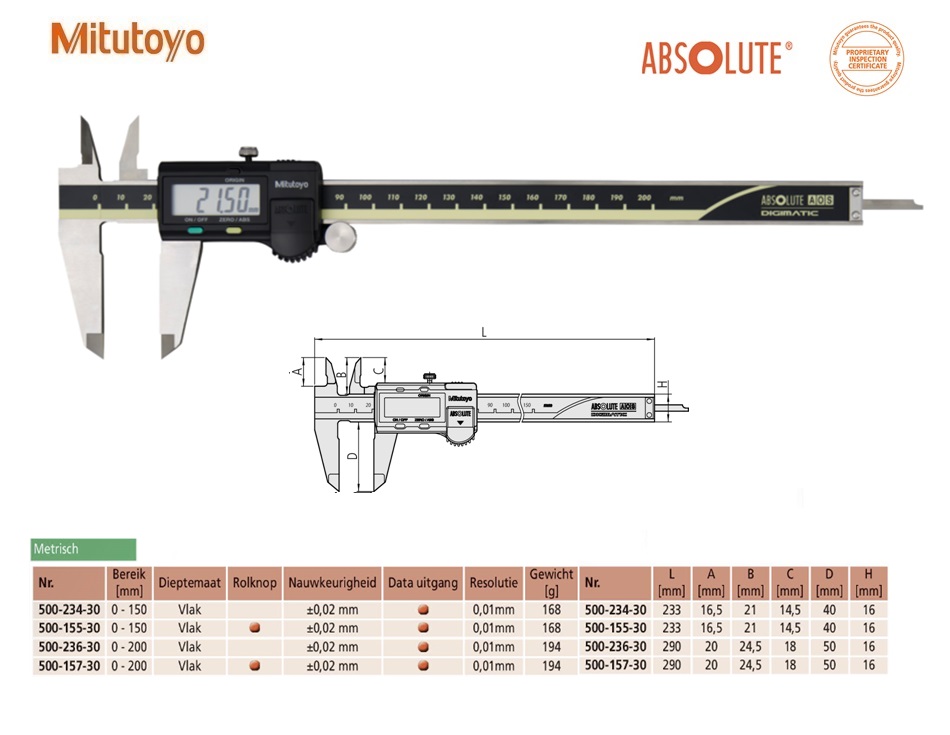 Mitutoyo Absolute AOS Digimatic schuifmaat met hardmetalen meetbekken,Data Output, 0-150mm, Metrisch