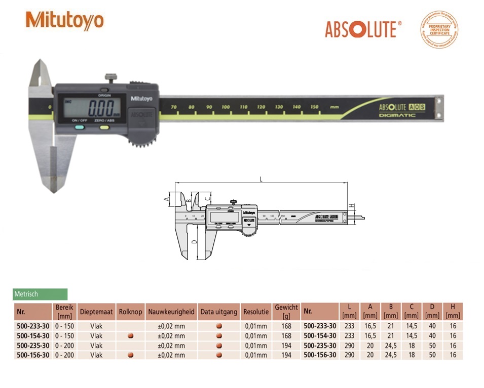 Mitutoyo Absolute AOS Digimatic schuifmaat met hardmetalen buitenmeetbekken,Data Output, 0-150mm