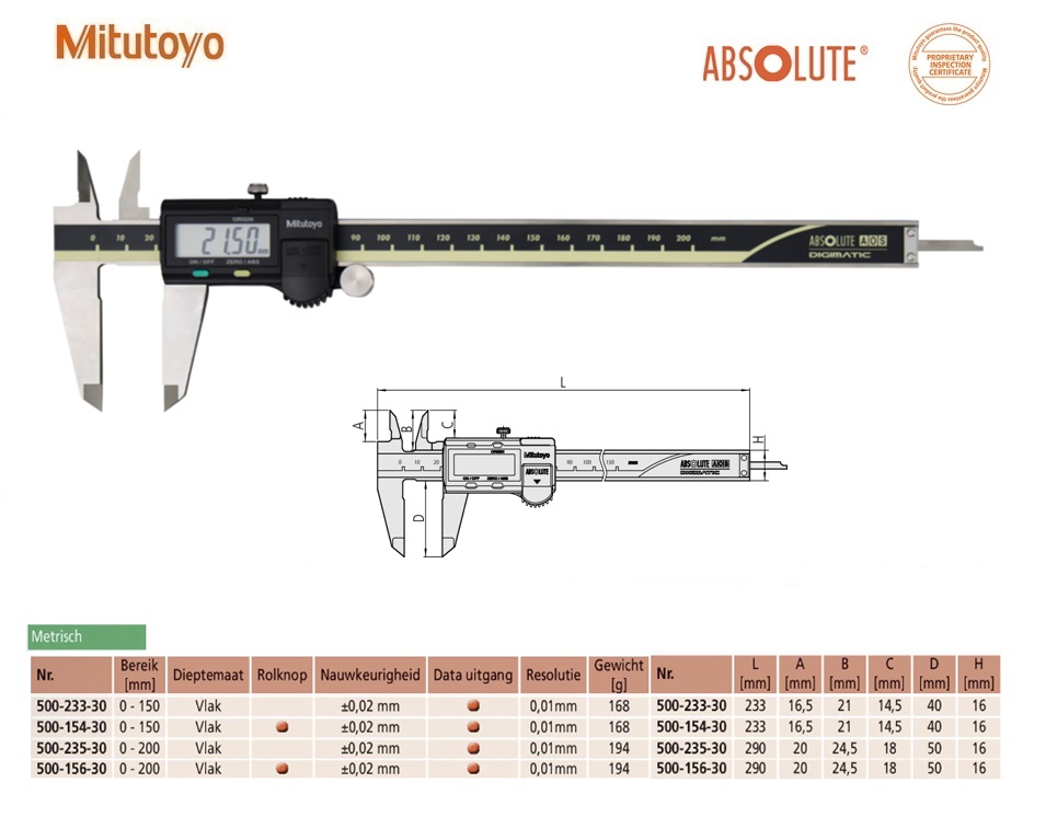 Mitutoyo Absolute AOS Digimatic schuifmaat met hardmetalen buitenmeetbekken,Data Output, 0-200mm