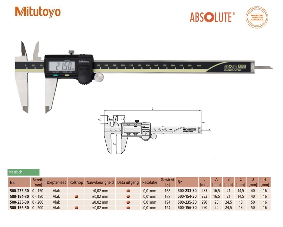 Mitutoyo Absolute AOS Digimatic schuifmaat met hardmetalen buitenmeetbekken,Data Output, 0-150mm