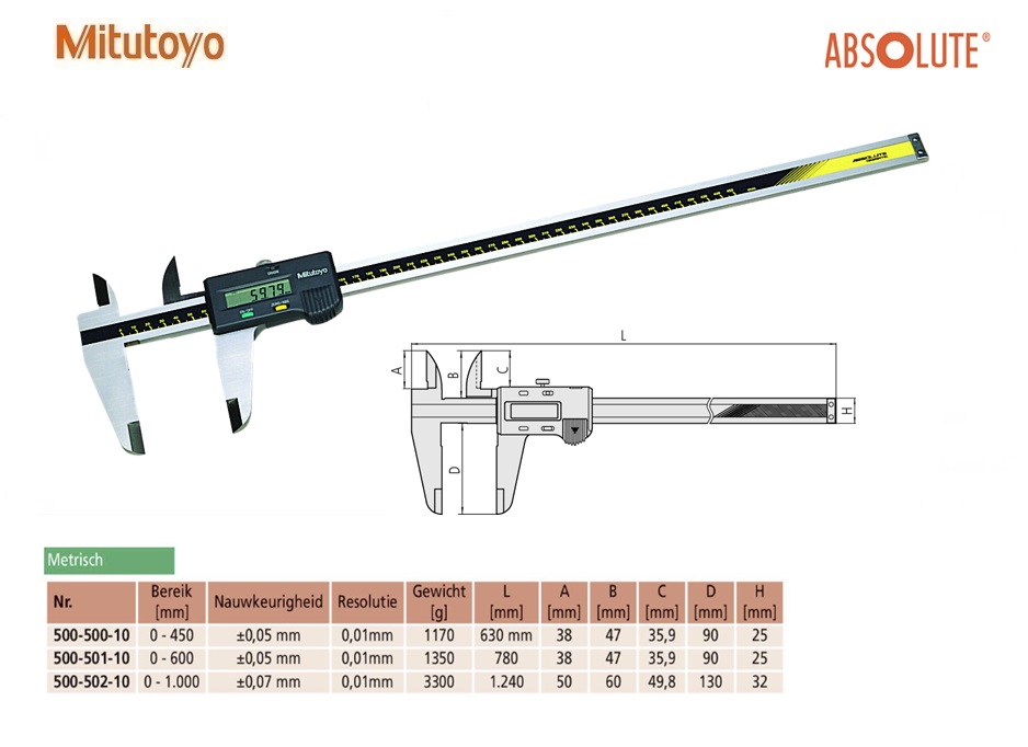 Mitutoyo Absolute Digimatic Schuifmaat voor grote meetbereiken 0-450mm, Metrisch