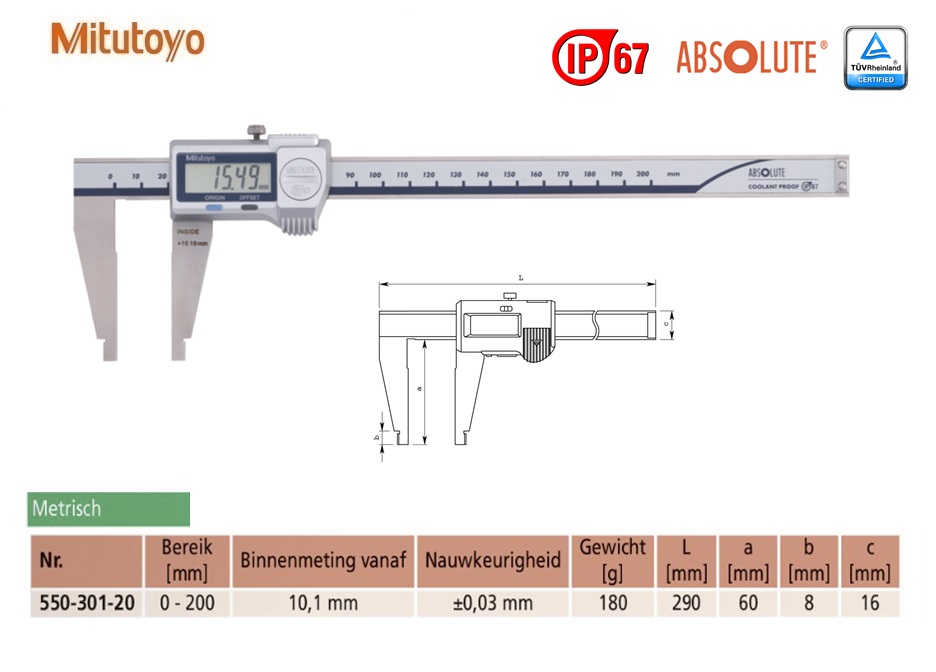 Mitutoyo Absolute Digimatic Schuifmaat met afgeronde bekken, IP67, 0-200mm, Metrisch