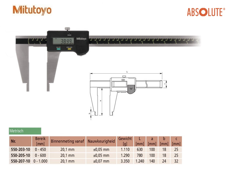 Mitutoyo Absolute Digimatic Schuifmaat met afgeronde bekken, 0-450mm, Metrisch