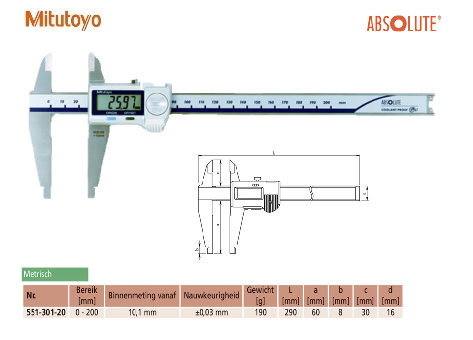 Mitutoyo Absolute Digimatic Schuifmaat met afgeronde en standaard meetbekken, IP67, 0-200mm,Metrisch