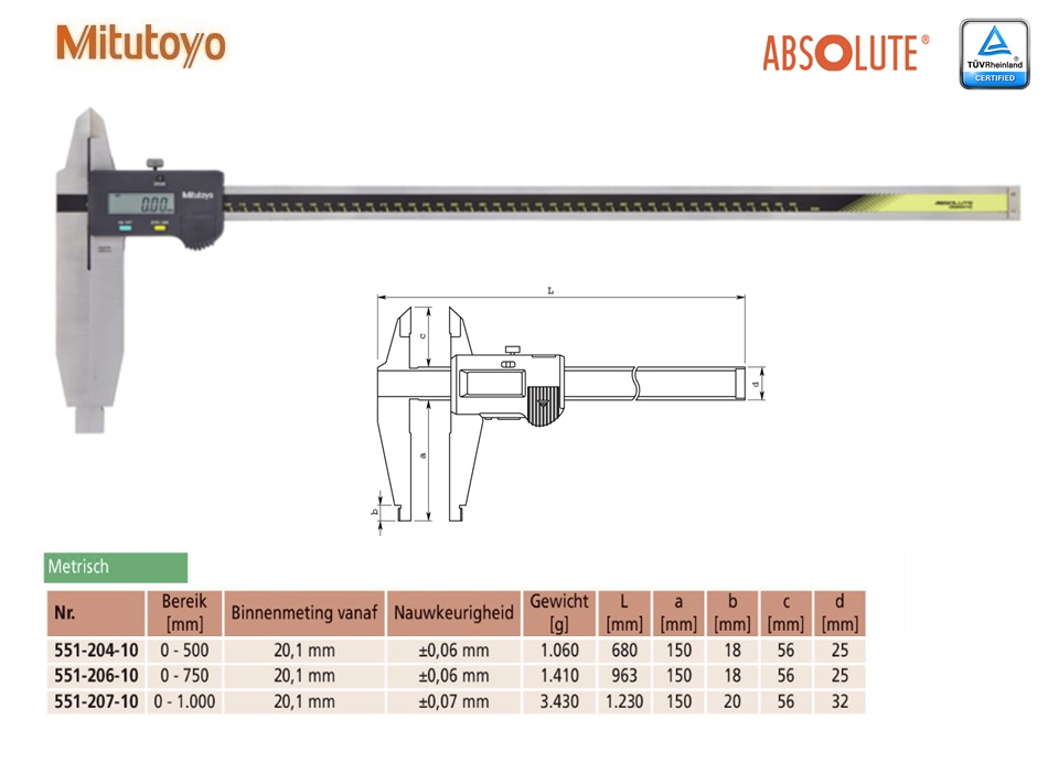 Mitutoyo Absolute Digimatic Schuifmaat met afgeronde en standaard meetbekken, 0-500mm, Metrisch