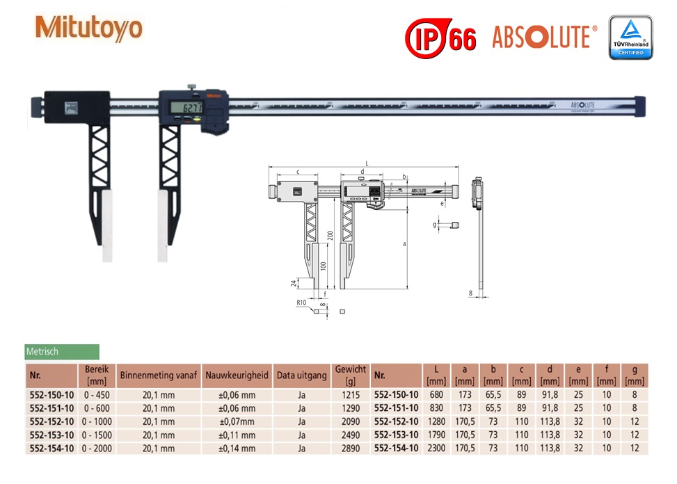 Mitutoyo Absolute Digimatic Carbon Fiber schuifmaat met extra lange meetbekken, 0-450mm, Metrisch