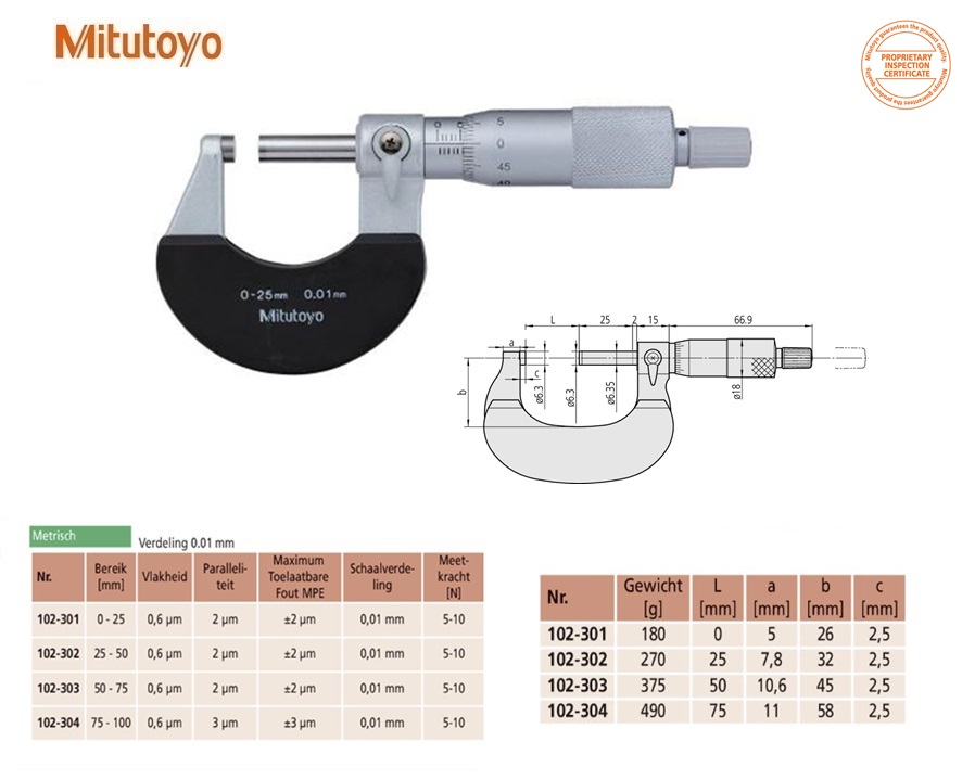 Mitutoyo Buitenschroefmaten set serie 103, 0-300mm, 12-delig, 0,01mm, Metrisch | DKMTools - DKM Tools