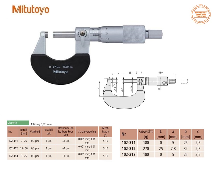 Mitutoyo Buitenschroefmaat met isolatiegreep 0-25mm, 0,001mm, Metrisch