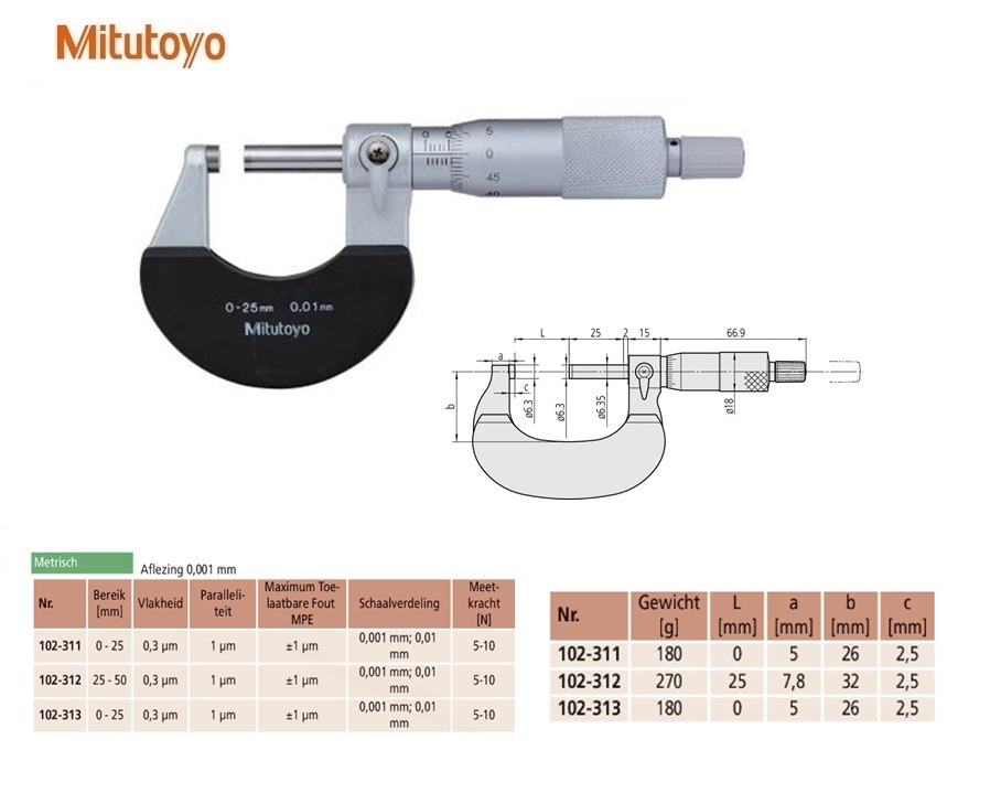 Mitutoyo Buitenschroefmaat met isolatiegreep en ratel 25-50mm, 0,001mm, Metrisch