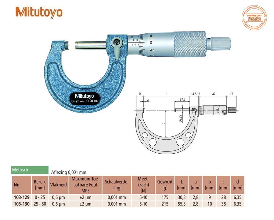 Mitutoyo Buitenschroefmaat serie 103 0-25mm, 0,001mm, Metrisch