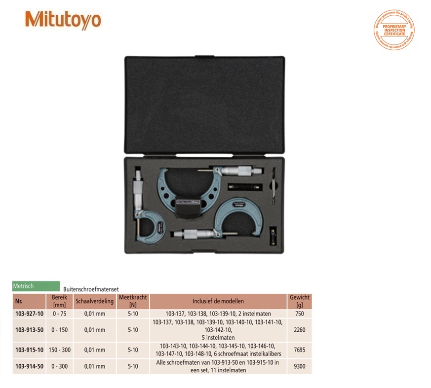 Mitutoyo Buitenschroefmaten set serie 103, 0-75mm 3-delig, 0,01mm, Metrisch