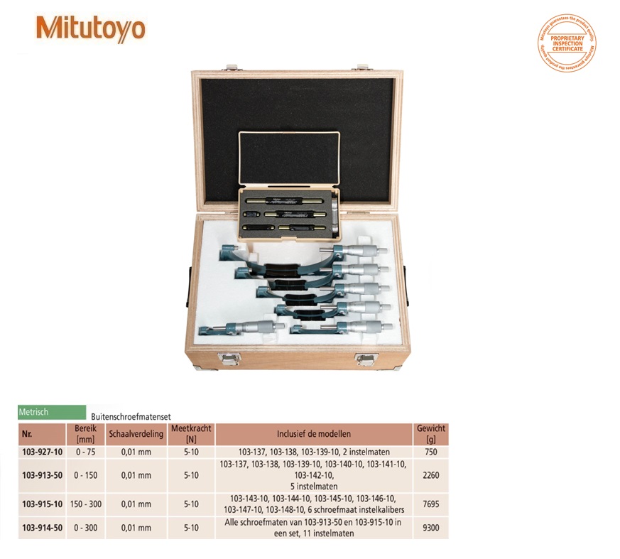 Mitutoyo Buitenschroefmaten set serie 103, 0-150 mm 6-delig, 0,01mm, Metr