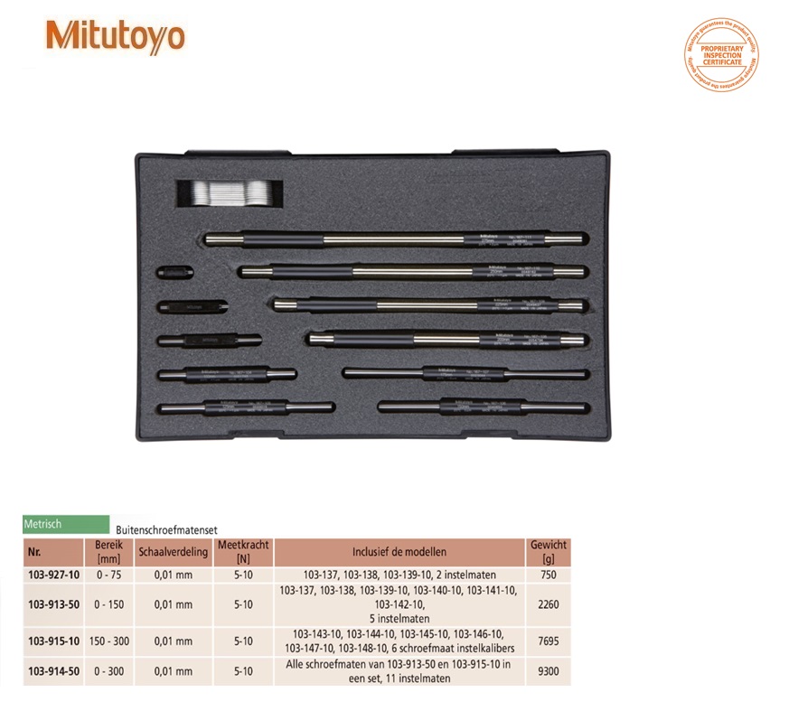 Mitutoyo Buitenschroefmaten set serie 103, 0-300mm, 12-delig, 0,01mm, Metrisch