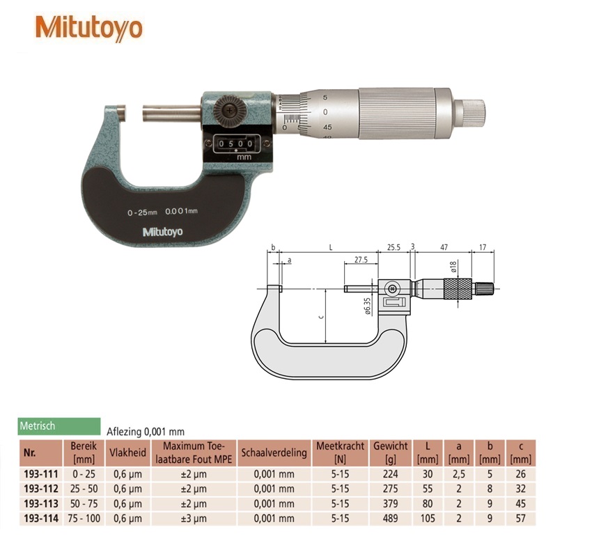 Mitutoyo Buitenschroefmaat met telwerk 0-25mm, 0,001mm, Metrisch