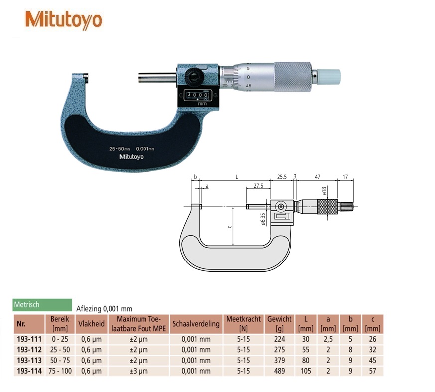 Mitutoyo Buitenschroefmaat met telwerk 25-50mm, 0,001mm, Metrisch