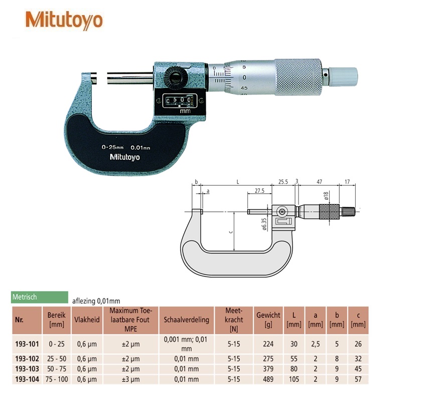 Mitutoyo Buitenschroefmaat met telwerk 0-25mm, 0,01mm, Metrisch