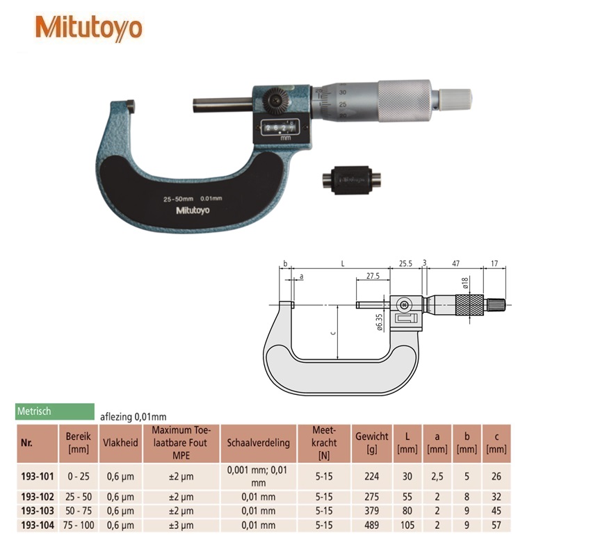 Mitutoyo Buitenschroefmaat met telwerk 25-50mm, 0,01mm, Metrisch