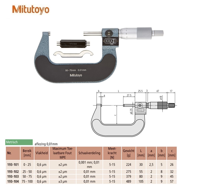 Mitutoyo Buitenschroefmaat met telwerk 50-75mm, 0,01mm, Metrisch