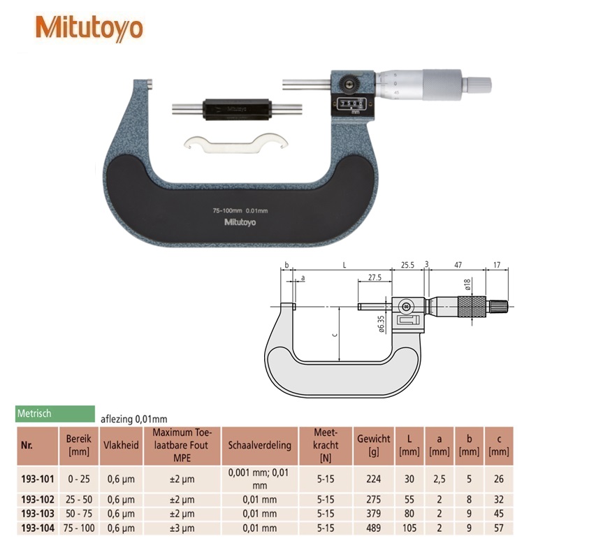 Mitutoyo Buitenschroefmaat met telwerk 75-100mm, 0,01mm, Metrisch