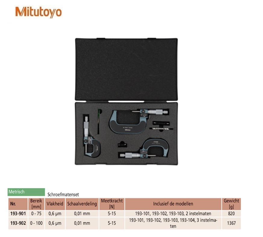 Mitutoyo Buitenschroefmaten set met telwerk 0-75mm 3-delig, 0,01mm, Metrisch