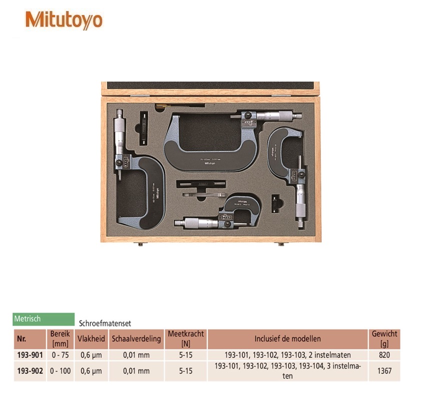 Mitutoyo Buitenschroefmaten set met telwerk 0-100mm 4-delig, 0,01mm, Metrisch