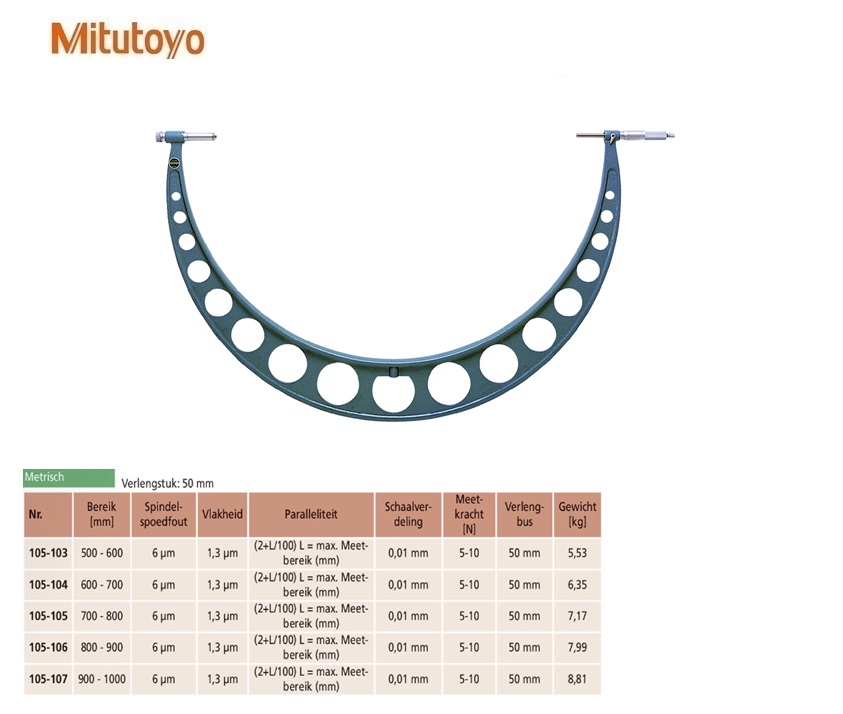 Mitutoyo Buitenschroefmaat met verlengbare meetstiften 500-600mm, 0,01mm, Metrisch