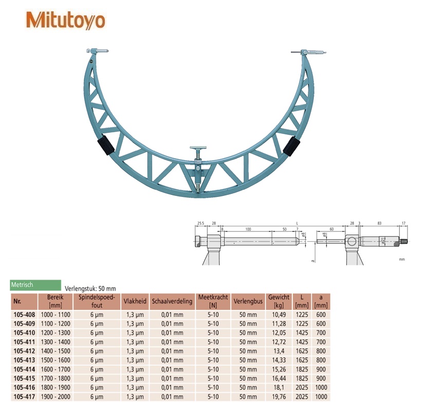 Mitutoyo Buitenschroefmaat met verlengbare meetstiften 1000-1100mm, 0,01mm, Metrisch