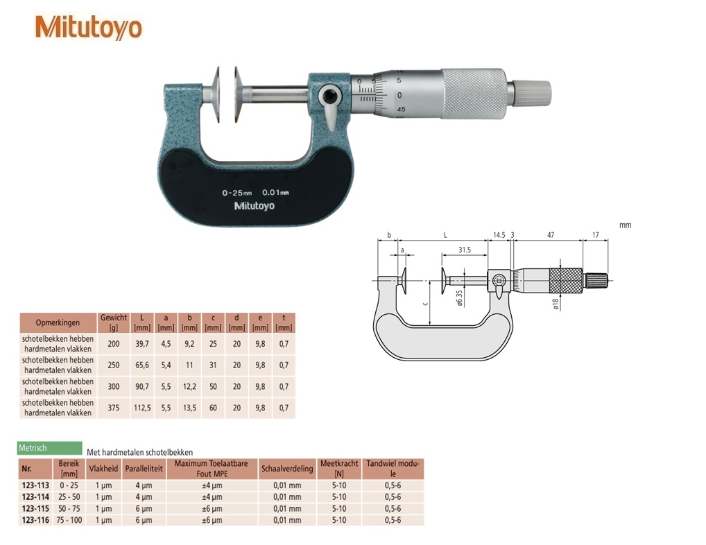 Mitutoyo Buitenschroefmaat met schotelbekken van hardmetaal 0-25mm, Metrisch