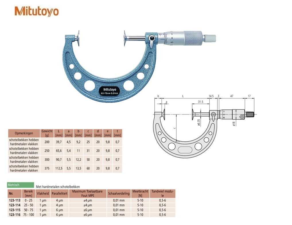 Mitutoyo Buitenschroefmaat met schotelbekken van hardmetaal 50-75mm, Metrisch