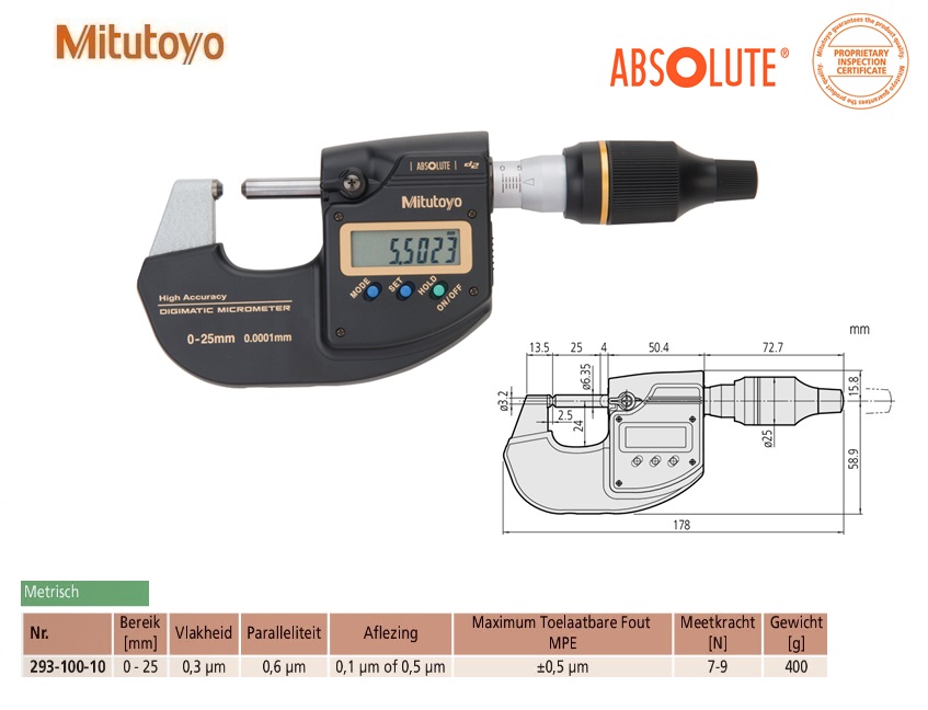 Mitutoyo Hoognauwkeurige Digimatic Schroefmaat 0-25mm, aflezing 0,1 µm of 0,5 µm, Metrisch