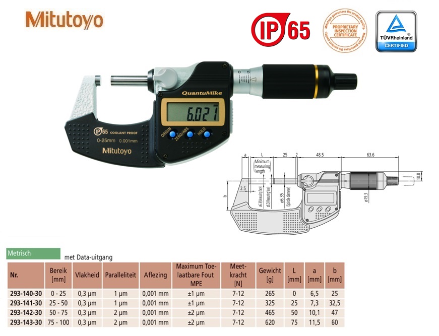 Mitutoyo Digimatic buitenschroefmaat QuantuMike IP65 met output 0-25mm, aflezing 0,001mm, Metrisch
