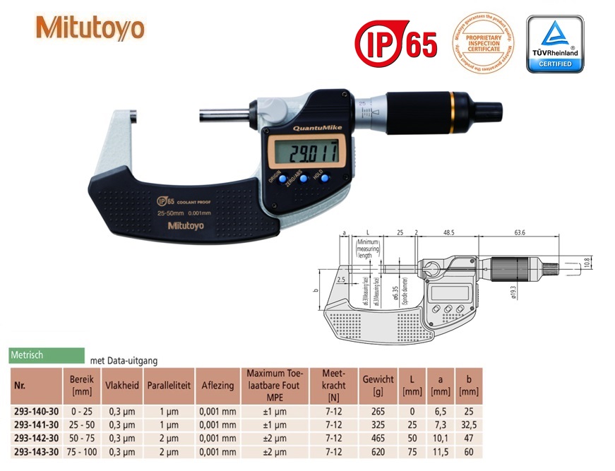 Mitutoyo Digimatic buitenschroefmaat QuantuMike IP65 met output 25-50mm, aflezing 0,001mm, Metrisch
