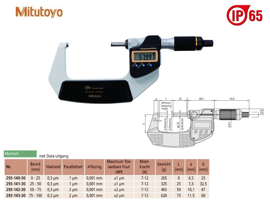 Mitutoyo Digimatic buitenschroefmaat QuantuMike IP65 met output 50-75mm, aflezing 0,001mm, Metrisch