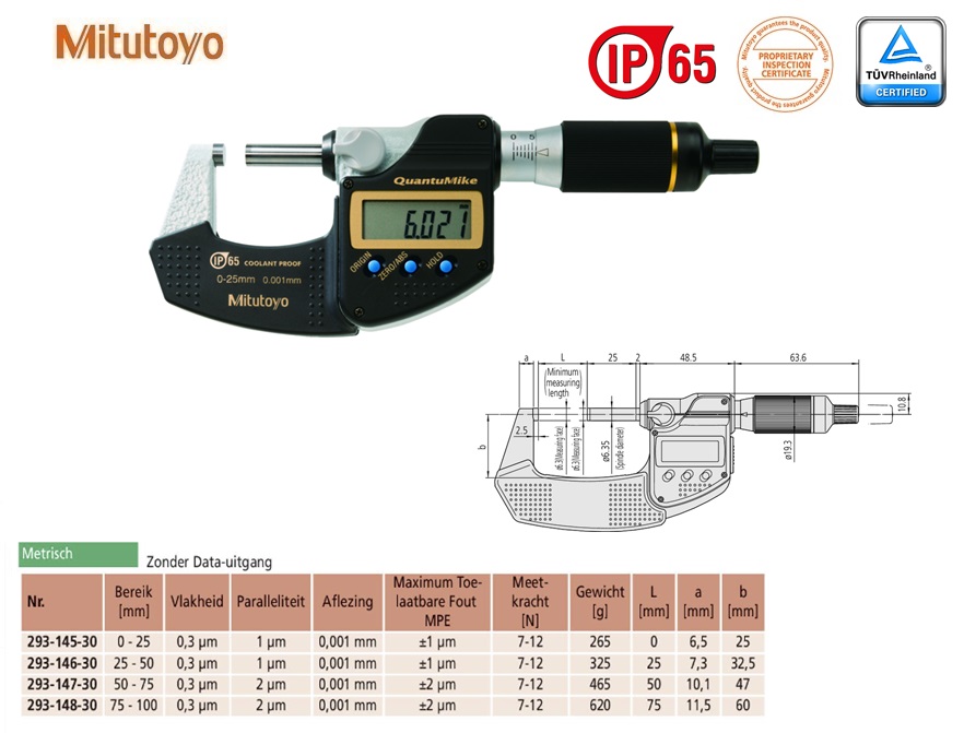 Mitutoyo Digimatic buitenschroefmaat QuantuMike IP65 0-25mm, aflezing 0,001mm, Metrisch