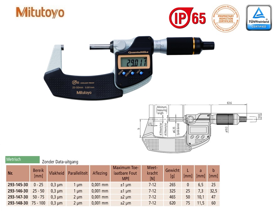 Mitutoyo Digimatic buitenschroefmaat QuantuMike IP65 25-50mm, aflezing 0,001mm, Metrisch