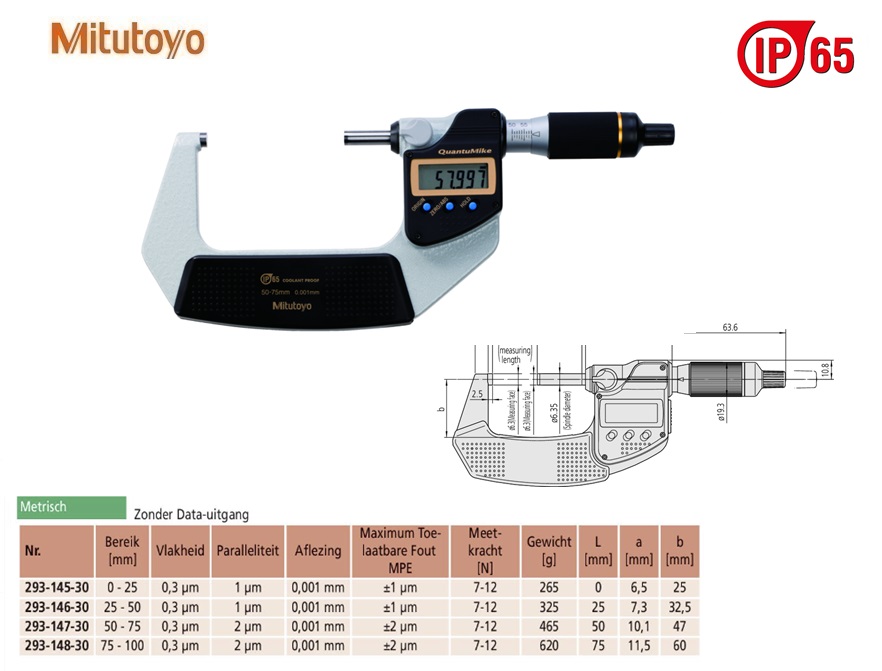 Mitutoyo Digimatic buitenschroefmaat QuantuMike IP65 50-75mm, aflezing 0,001mm, Metrisch
